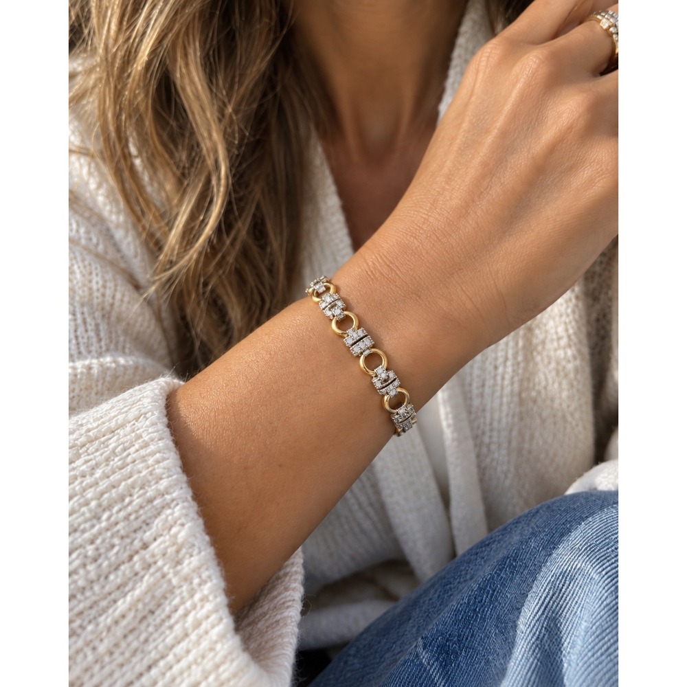 Sterling Silver 925 Two Tone Gold Plated Pavé Stone Link Bracelet 7.5" Vintage